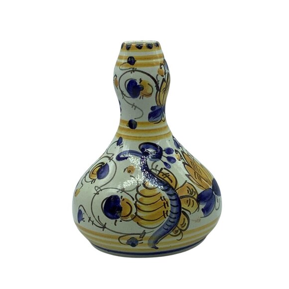 Vintage German Ceramic Vase With Floral Motif 7" Yellow Blue - Picture 5 of 6